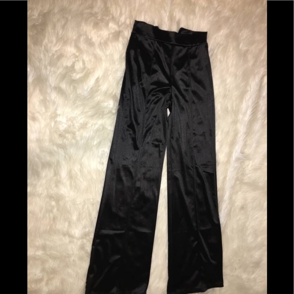 Black satin wide leg pants from Fashion Nova
